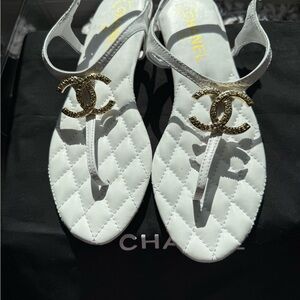 CHANEL White/Gold T-Strap Sandals